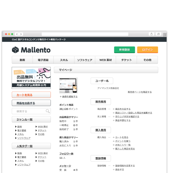 Mallento CtoC型コンテンツ販売からECマッチングサイト構築ならマレント