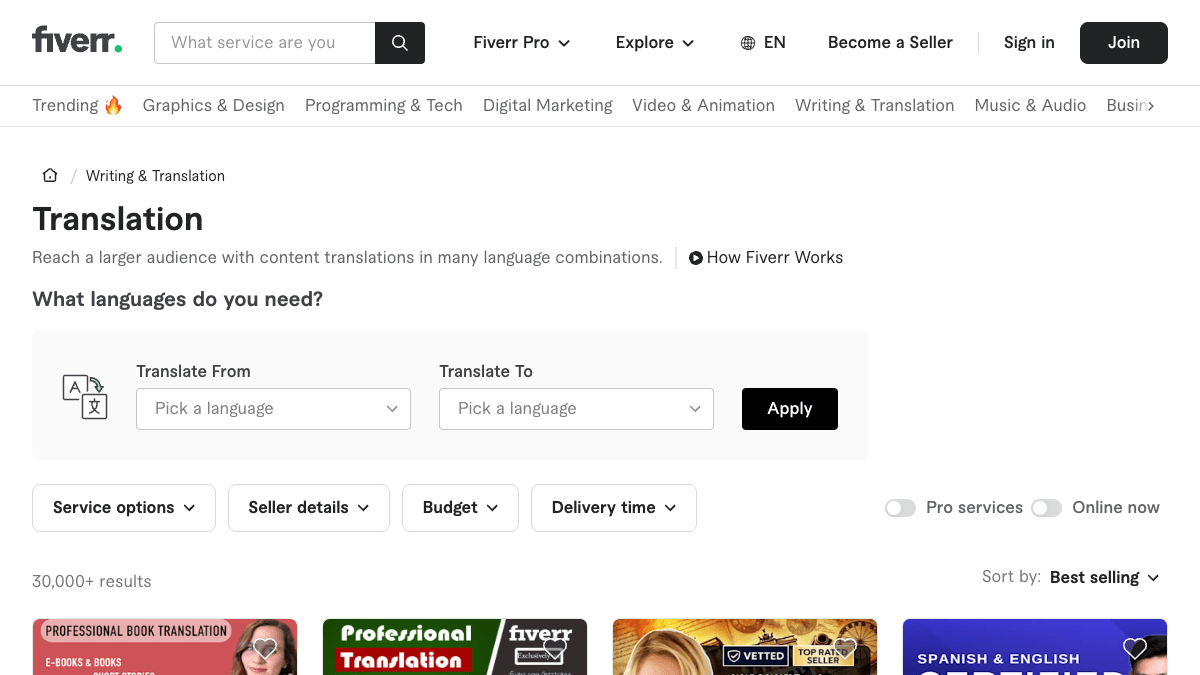 Fiverr Translationカテゴリーの画面
