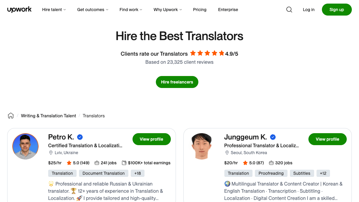 Upwork翻訳者検索ページの画面
